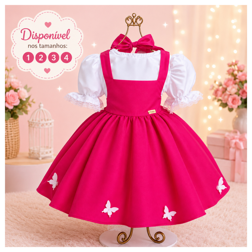 Vestido Infantil Camponesa Jardineira Pink com Lenço Luxo Menina e urso Aniversário pink