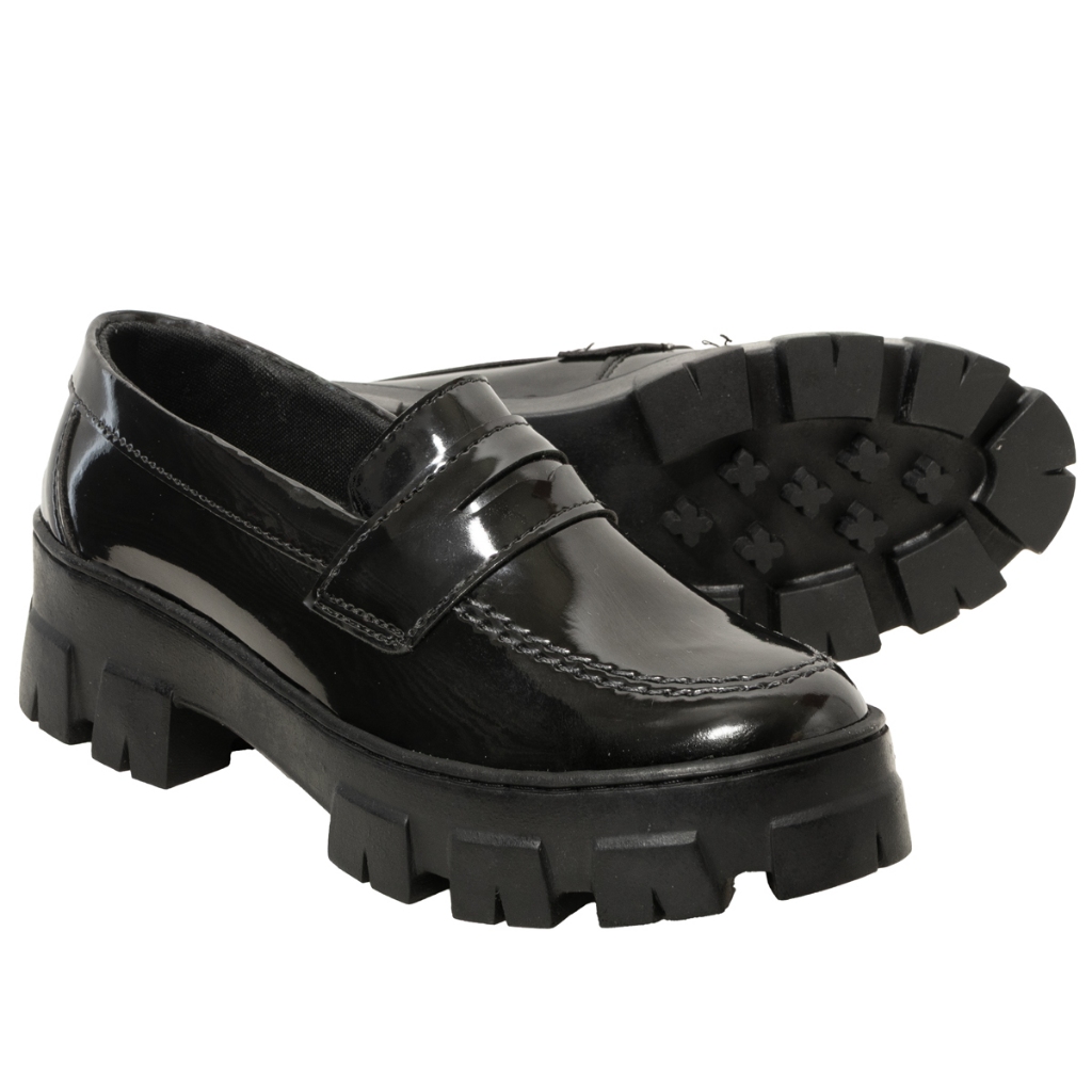 Mocassim Feminino Preto Verniz Confortável, Solado Tratorado em Borracha Antiderrapante Leve e Confortável