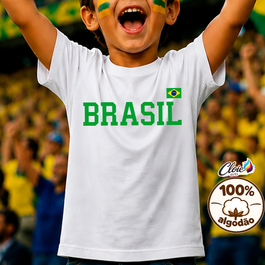 Camiseta Infantil 100% Algodão Brasil  Torcedor Mirim  Copa Jogos Casual Torcida Seleção Brasileira Blusa Dia a Dia Kids
