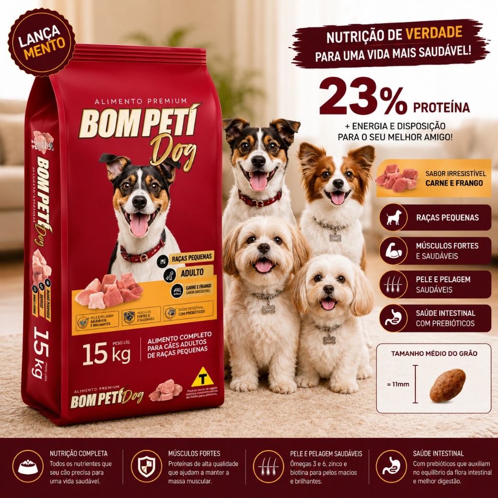 Ração Cachorro Raças Pequenas 15kg Bom Petí Dog Premium Carne Frango 23% Proteína