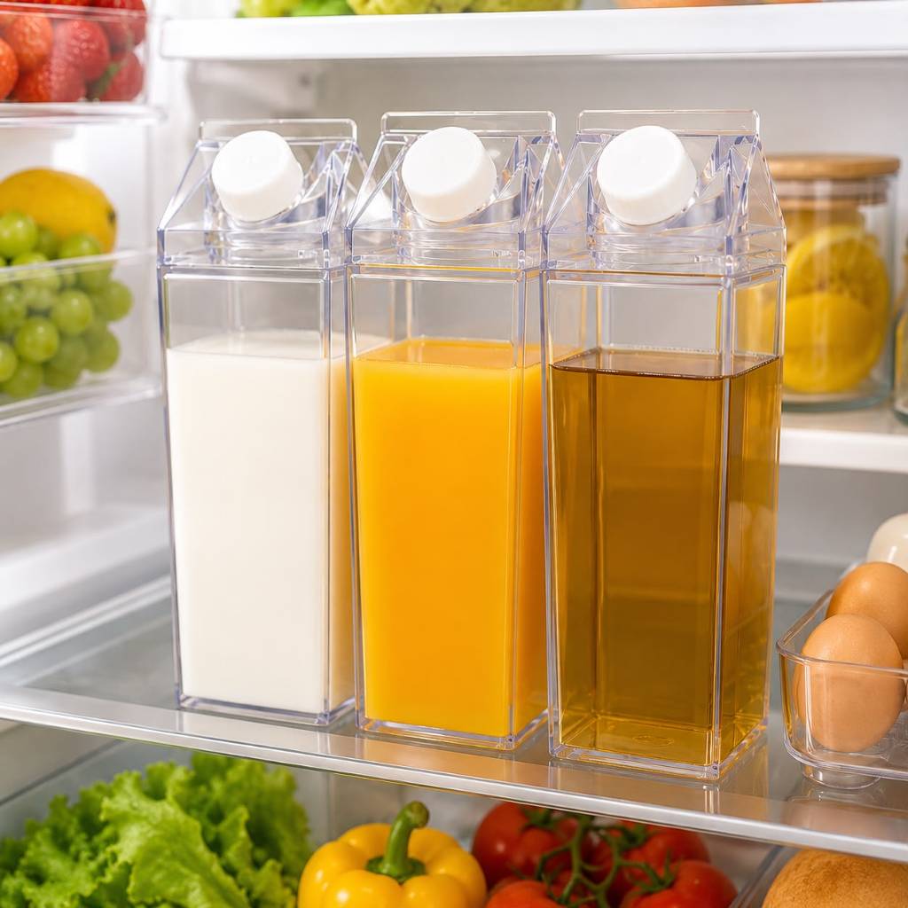 kit 4 Garrafas Caixa de Leite Acrílica 500ML Transparente Organizador Geladeira Cozinha Aesthetic BPA Free