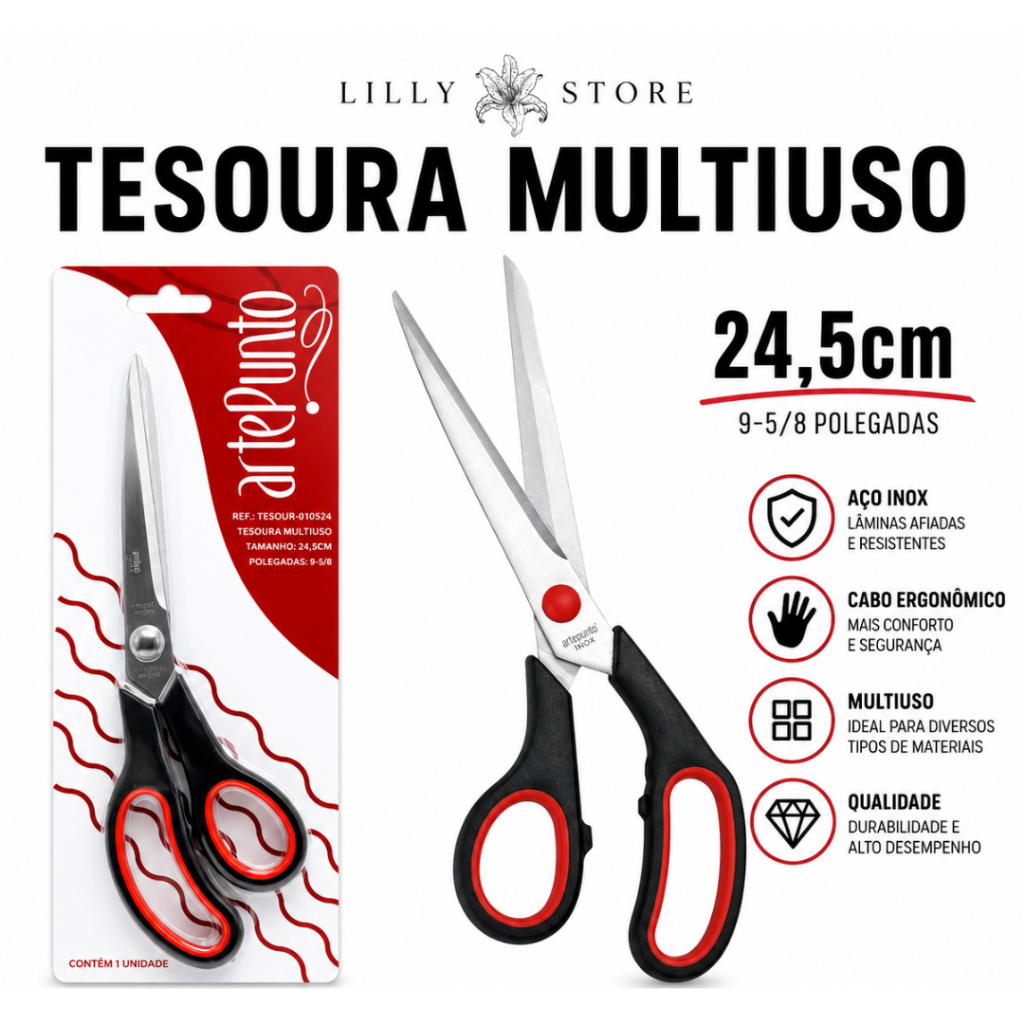 Tesoura Multiuso Arte Punto Preta 9 5/8 24,5cm