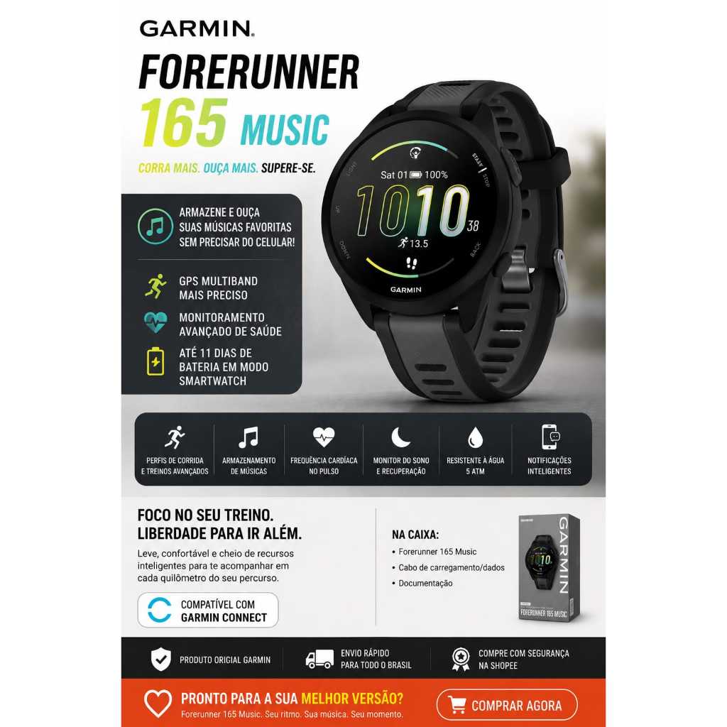 Relógio Garmin Forerunner 165 Music GPS Smartwatch Corrida Tela AMOLED 4GB Músicas