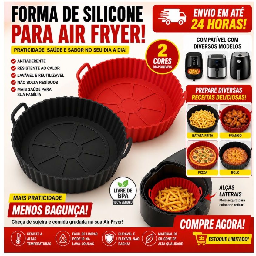 Kit 2 Forma Silicone Air Fryer Reutilizável Antiaderente Cesto Assadeira Universal