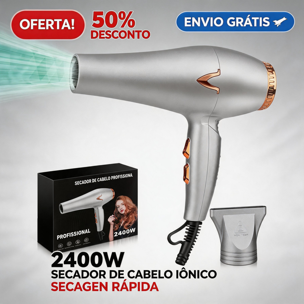 Secador de cabelo profissional 2400W íons negativos,vento forte e ar quente/frio para secagem rápida