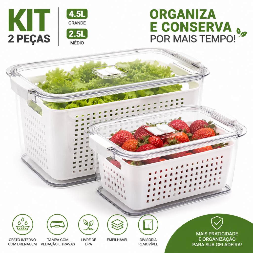 Kit 2 Organizador Acrílico Geladeira Tampa Hermética Cesto Com Drenagem Frutas Legumes Verduras