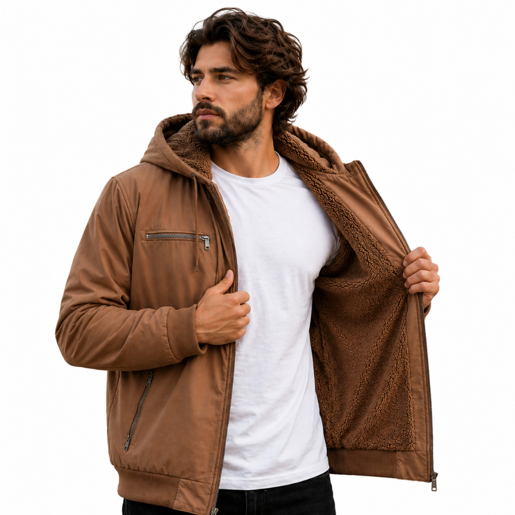 Jaqueta Masculina Sarja Com Capuz Forrada Peluciada Frio Top Preta Marrom Bege Verde — imagem 2 de 2