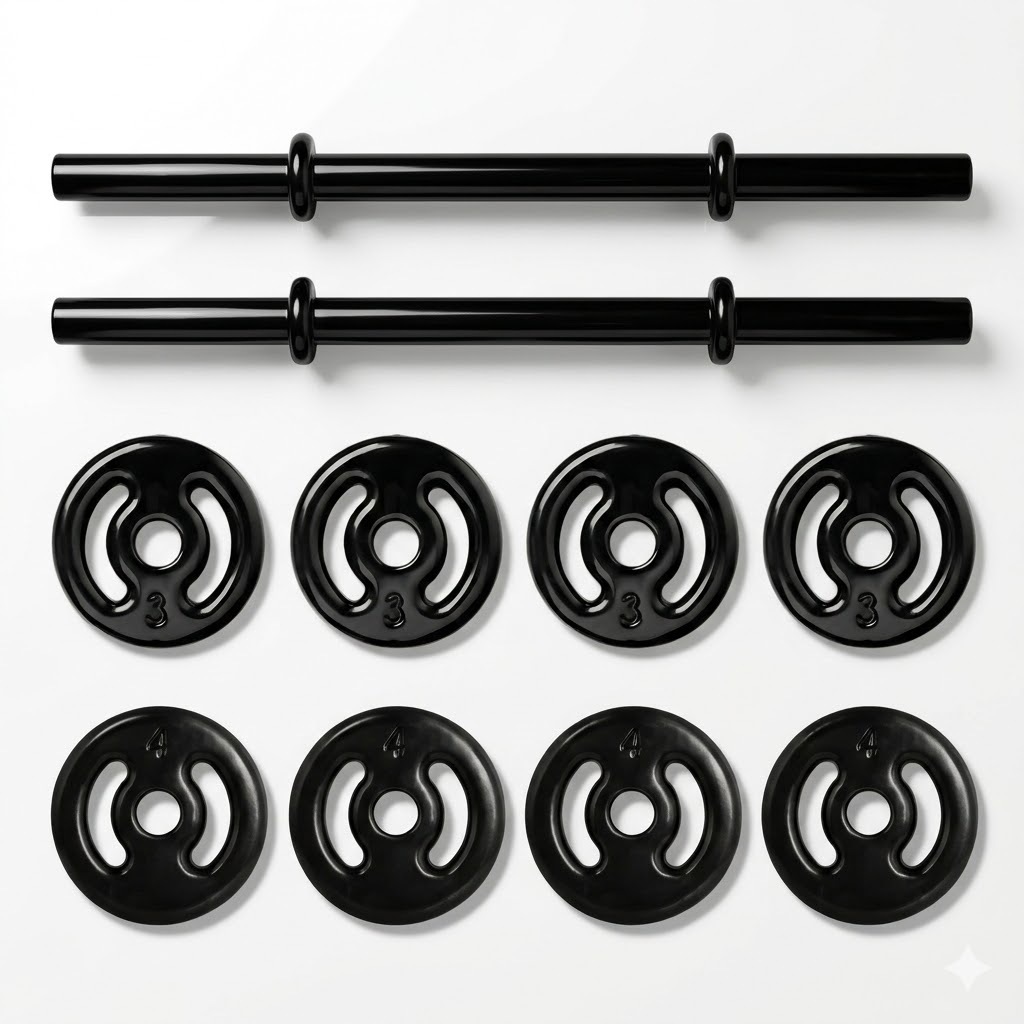 KIT 2 BARRAS 45CM COM 4 ANILHAS DE 3KG E 4 ANILHAS DE 4KG EMBORRACHADAS FITNESS TREINO CROSSFIT CASA GYM PRO