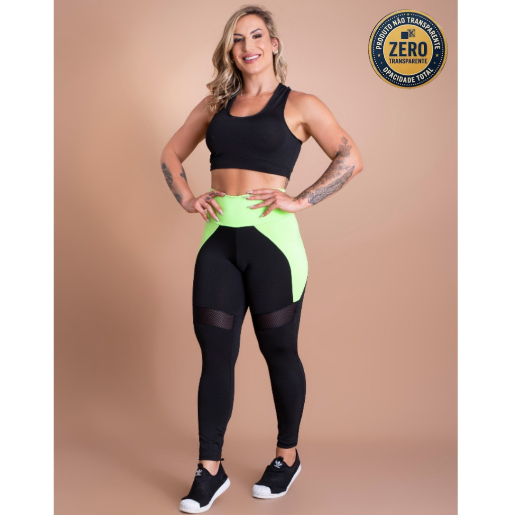 Conjunto Fitness Feminino Calça Legging Cintura Alta Com Detalhe E Top Nadador Básico Liso Academia ZERO TRANSPARÊNCIA