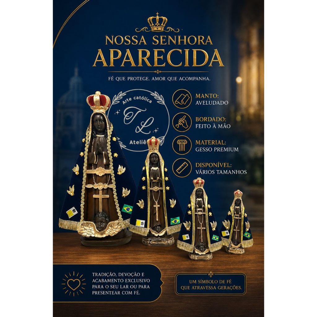 Imagem de gesso Nossa Senhora Aparecida manto bordado e pintura marrom. Vários Tamanhos