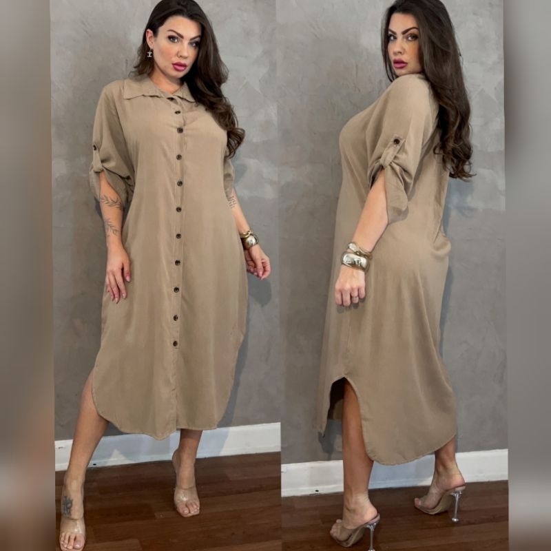 Vestido Femenino Longo, Chemise Con Botões, Manga 3/4,Tecido Viscolinho, Plus Size, Moda Evangélico.