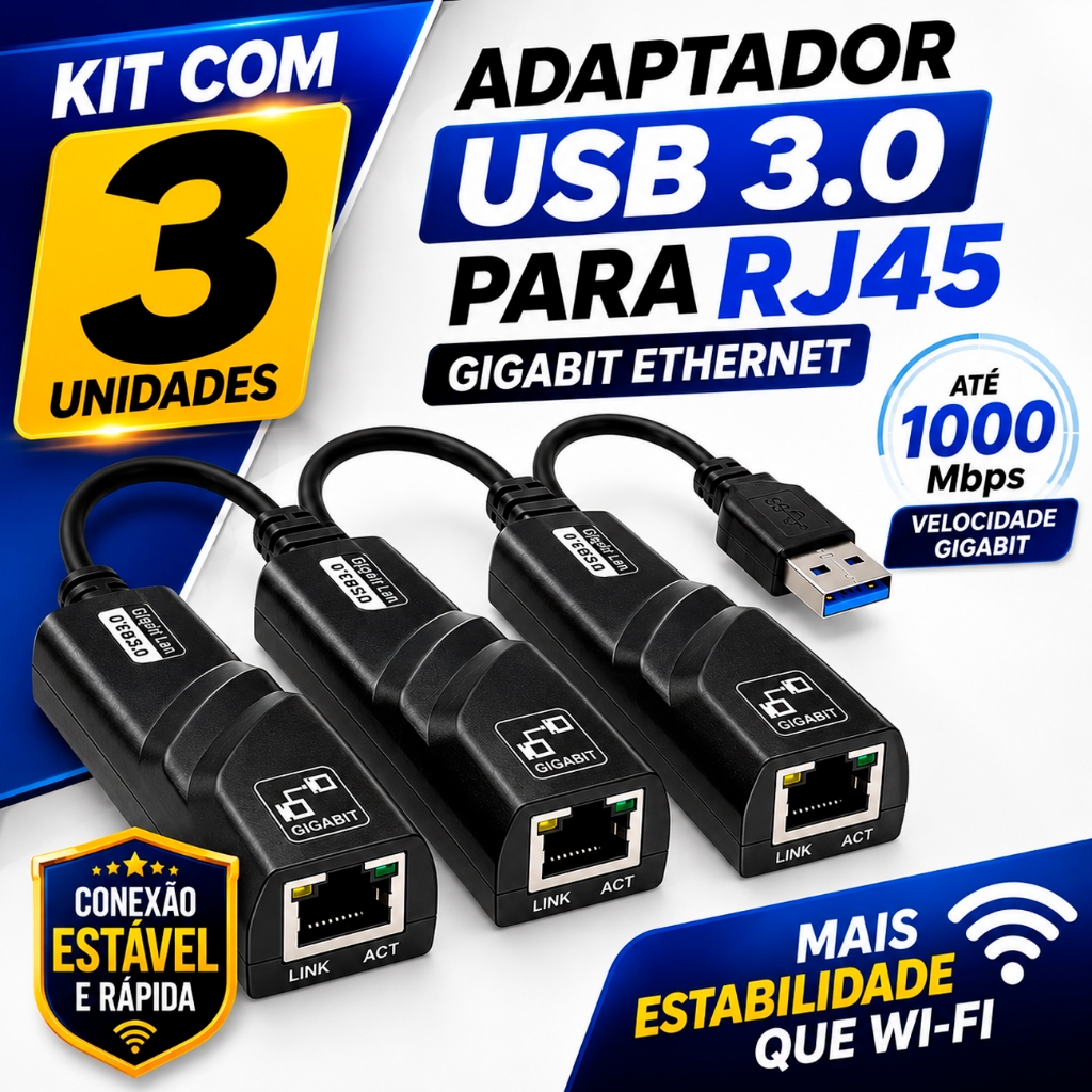 Kit 3 Adaptador USB 3.0 para RJ45 Gigabit Conector Ethernet 10/100/1000 Mbps Placa de Rede USB