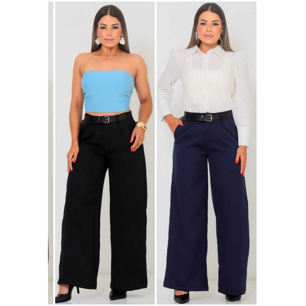 Calça Pantalona Feminina Alfaiataria Wide Lég. Cintura Alta Social Elegante