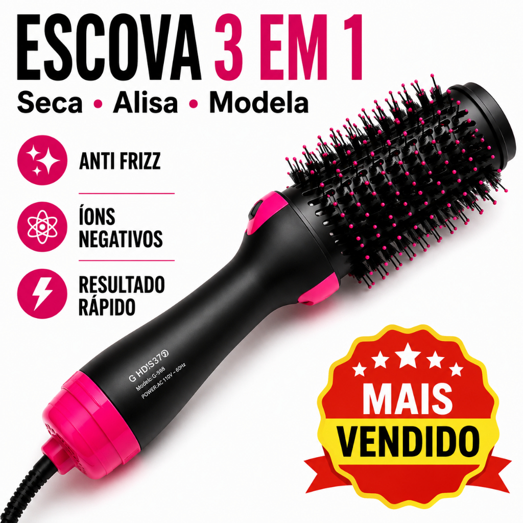 Escova Secadora 3 em 1 Anti Frizz com Íons Negativos e 3 Velocidades