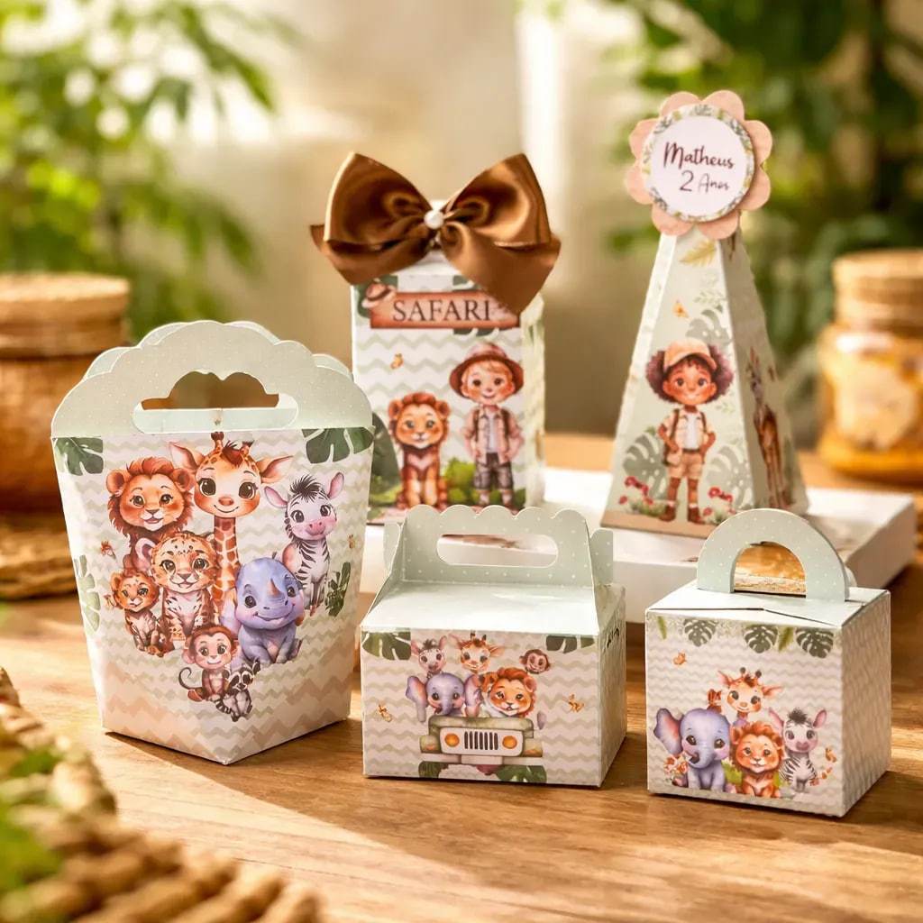 KIT FESTA PERSONALIZADA SAFARI - PEGUE E MONTE - Lembrancinha - Aniversário - Caixinha Personalizada