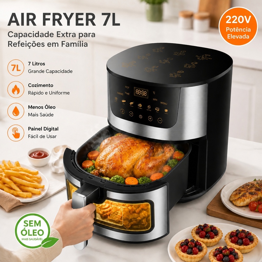 Air Fryer 220v 7L 1800W Touchscreen Digital Fritadeira Sem Óleo Preta 9 Funções Fritadeira Elétrica Air Fryer