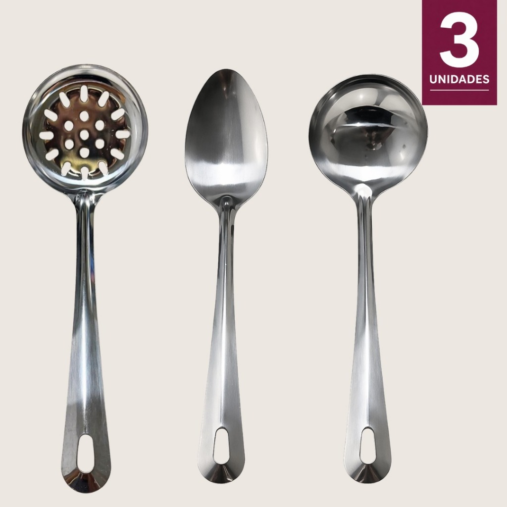 Concha Inox Escumadeira Inox Colher Servir Aço Inoxidável Resistente Cozinha Gourmet Kit 3 Peças