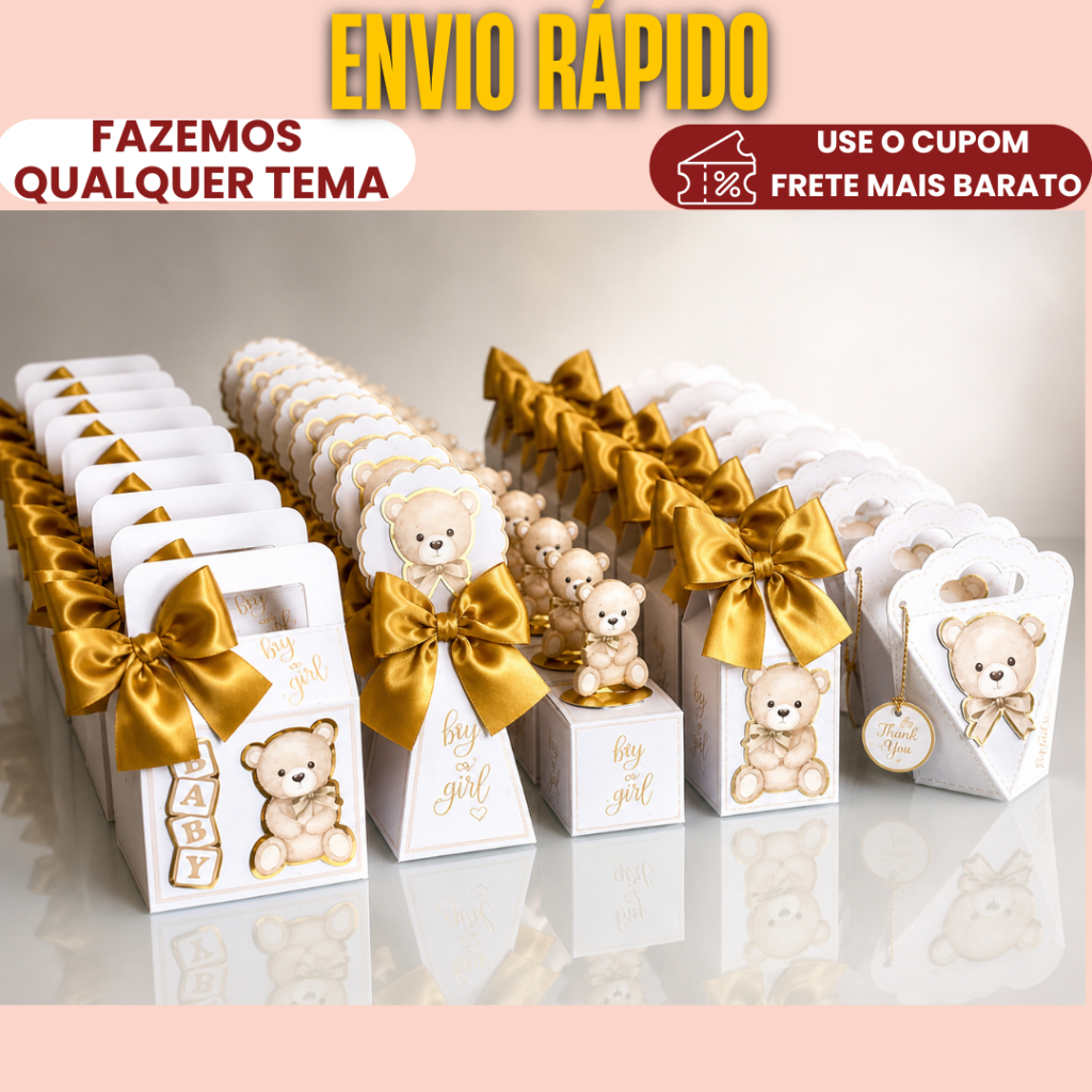 Lembrancinha Personalizado Chá Revelação Ursinho dourado | COM APLIQUE 3D/ Caixinhas - PEGUE E MONTE
