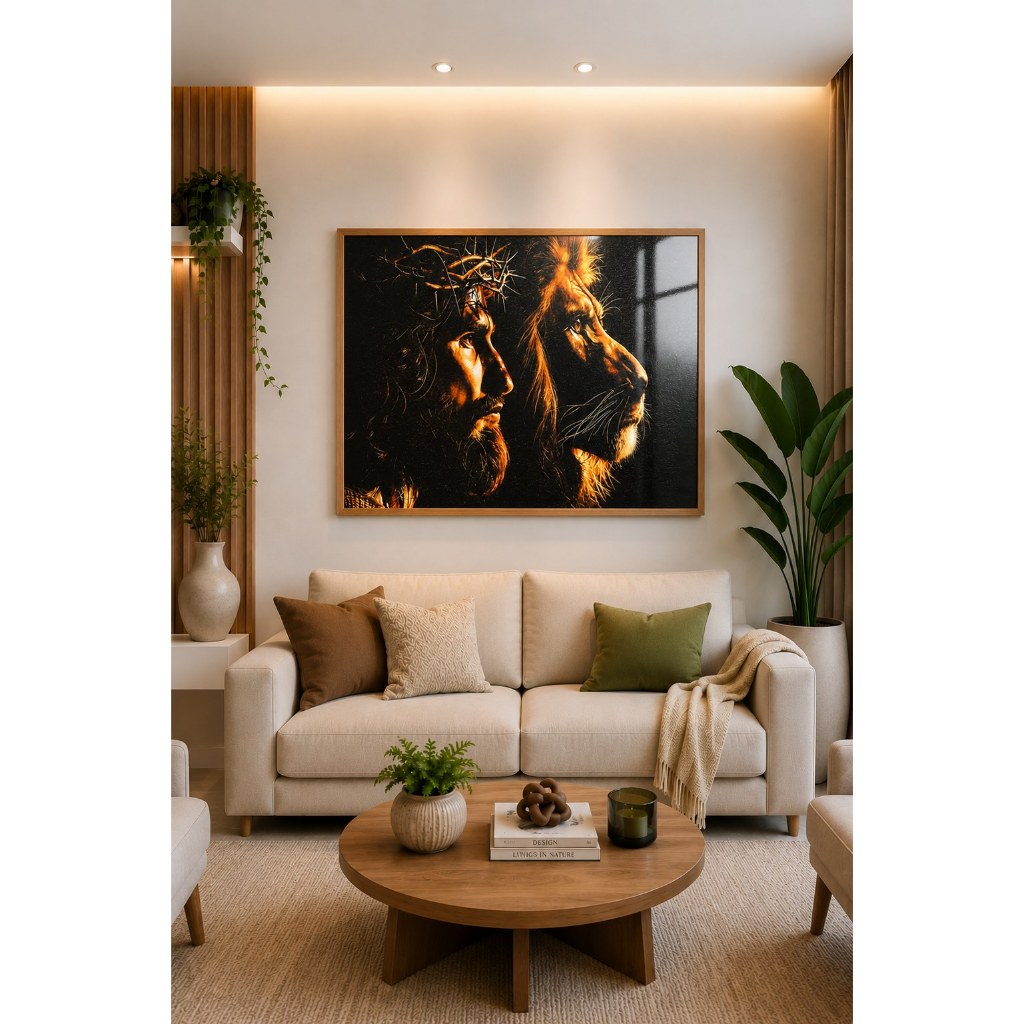 QUADRO DECORATIVO LEÃO COM JESUS RESINADO, MOLDURA CAIXA 60X90. MODERNO PRIMIUM SALA/DECORAÇÃO/PAREDE/QUARTO