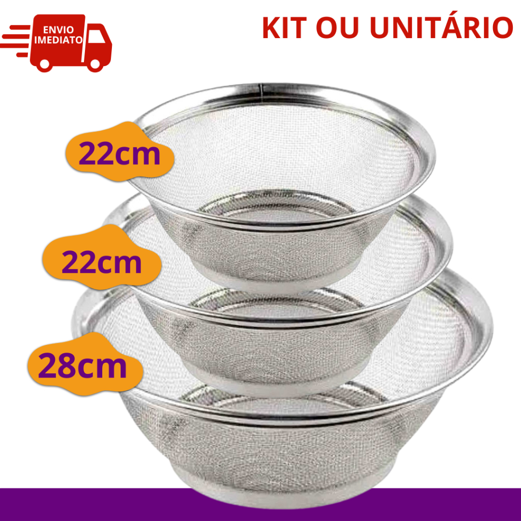Cestas em Inox Escorredor Multiuso 1 de 28cm + 2 de 22cm ou Unitário Cozinha Escorrer Macarrão Arroz