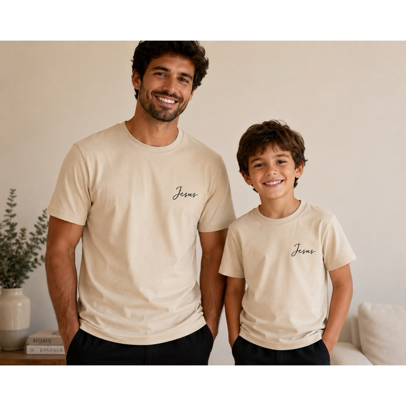 camiseta tal pai tal filho kit 2 blusas pai e filho mae e filha algodão detalhe Jesus blusa para personalização