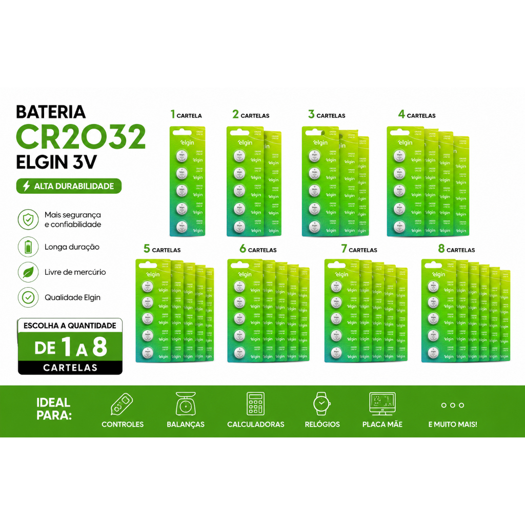 CR2032 Elgin 3V Cartela Com 5 Unidades | Uso em Controle, Balança e Calculadora