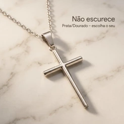 Crucifixo Prateado ou Dourado com Corrente 50cm em Aço Inox 316L Minimalista Proteção Fé Cruz