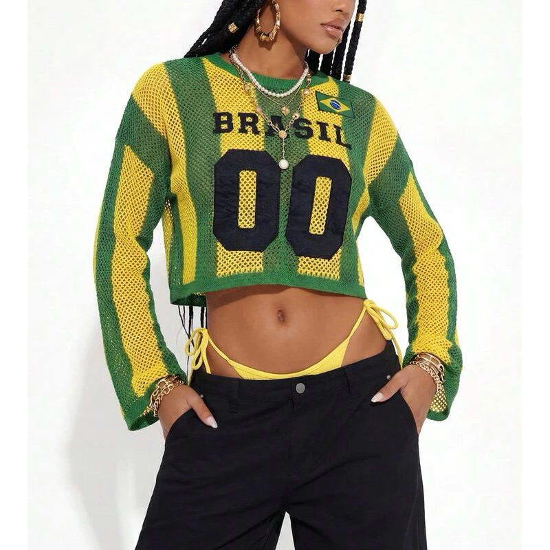 Blusa do Brasil Tricô Cropped Copa do Mundo Seleção Brasileira Bordada Verde Amarelo COP12