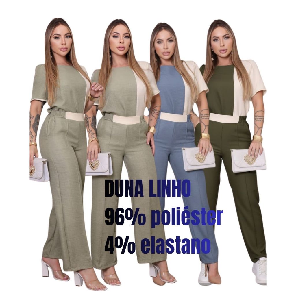 Conjunto Feminino Bicolor  Calça e Blusa Manga princesa Elegante Confortável , Social e Festa