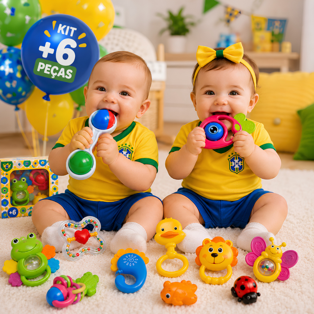 Kit chocalho mordedor silicone brinquedo interativo infantil macio sensorial bebe feliz