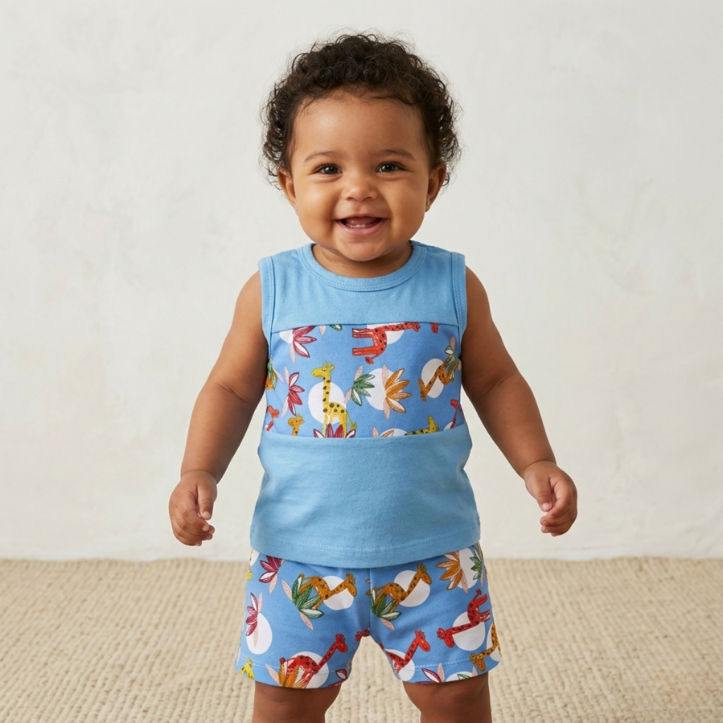 Conjunto Bebê Menino Roupa Fresquinha Regata e Bermuda Estampada 2 a 8 Meses