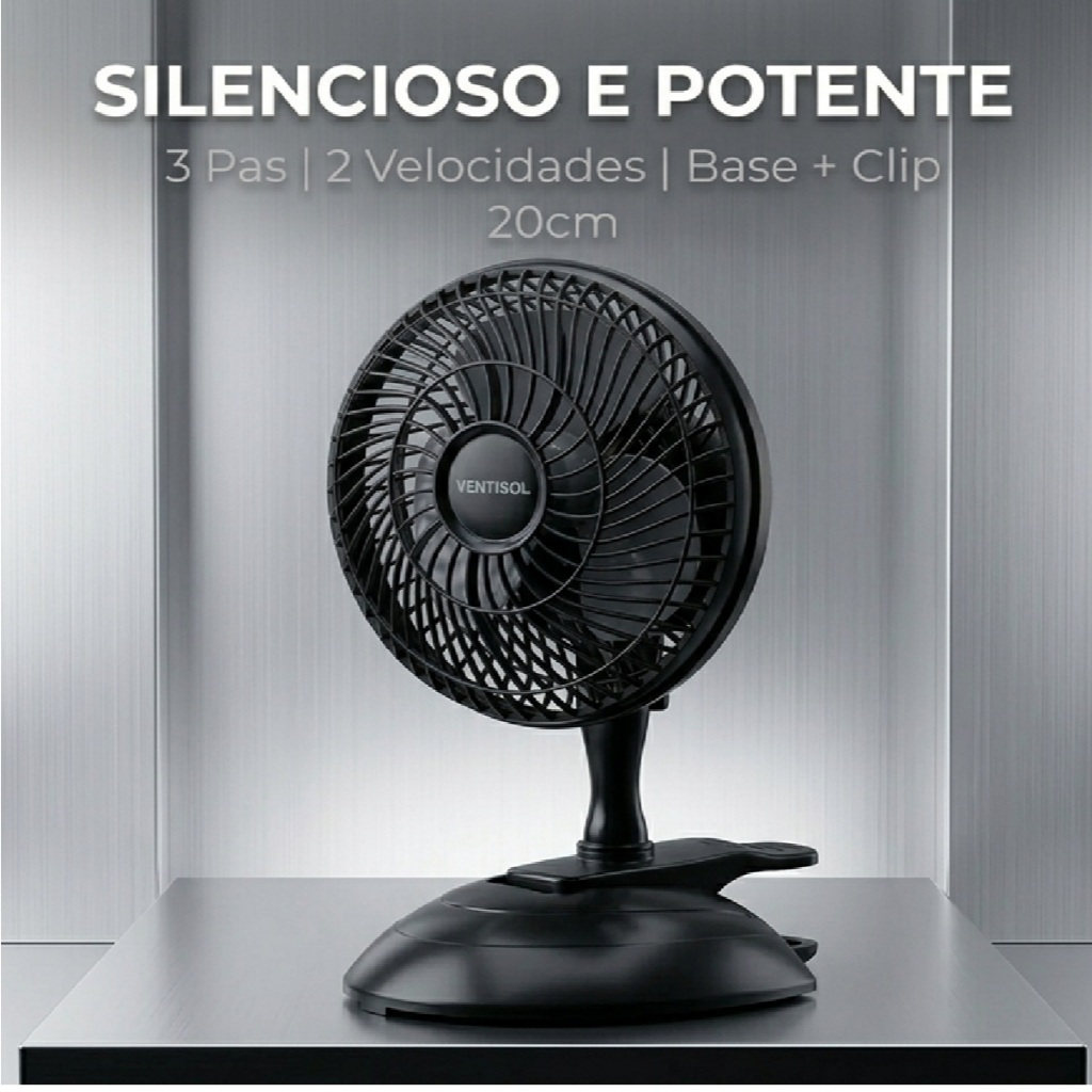 Mini Ventilador Pessoal Silencioso e Potente 127v Ventisol 20cm 3 Pás Preto Clip Portátil De Mesa