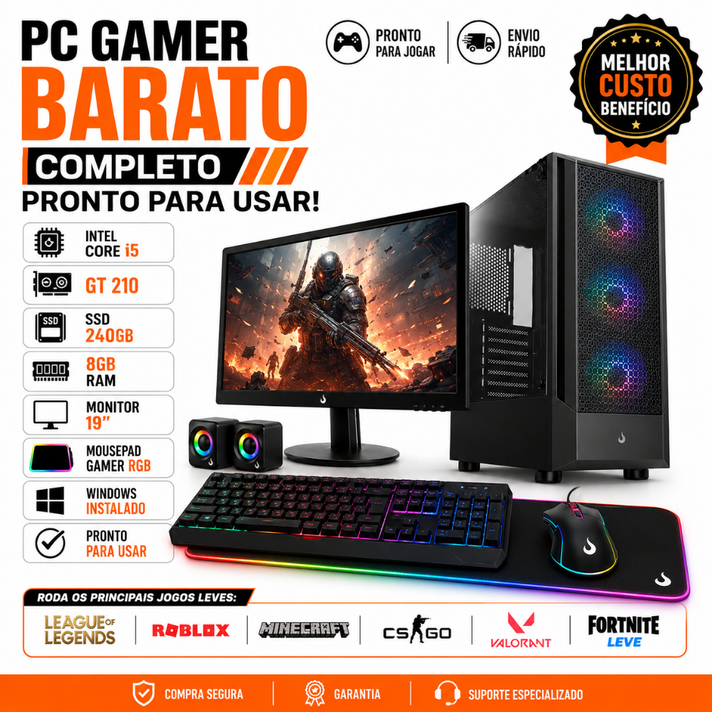 PC Gamer Barato Completo i5 GT 210 SSD 240GB Mousepad Gamer RGB Monitor 19 Windows