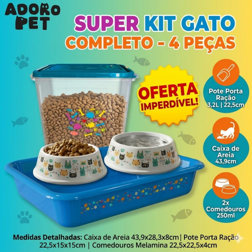Kit Gato Azul Completo Caixa de Areia Grande Porta Ração e Comedouros Premium
