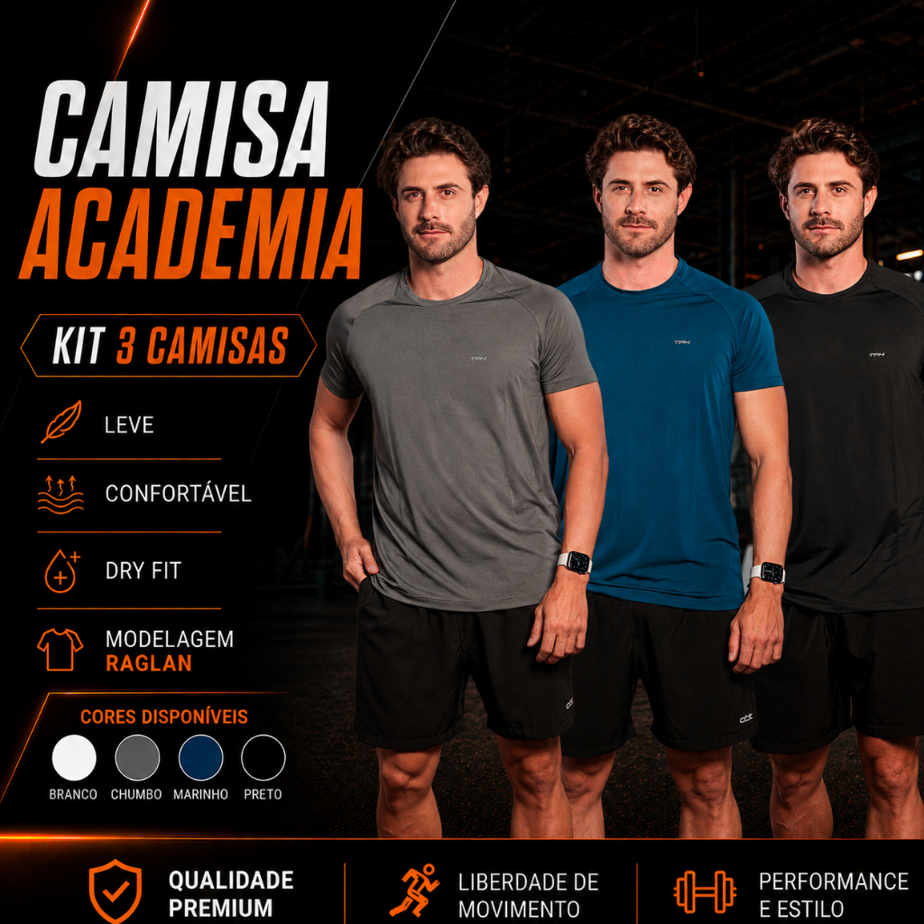Kit 3 Camisetas Masculinas Academia Camisa Térmica de Treino Proteção UV Manga Curta Raglan
