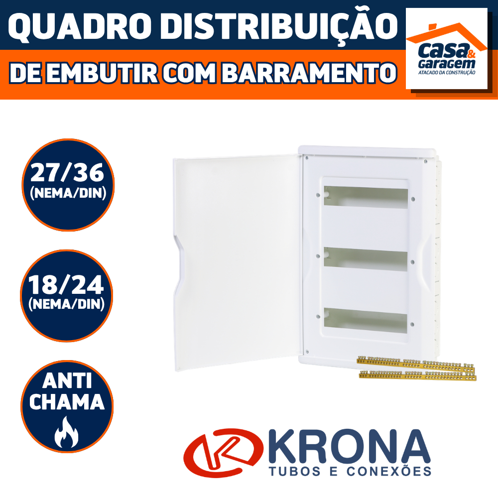 Quadro Distribuição Embutir Com Barramento 18/27N 24/36D Krona Para Instalação Elétrica