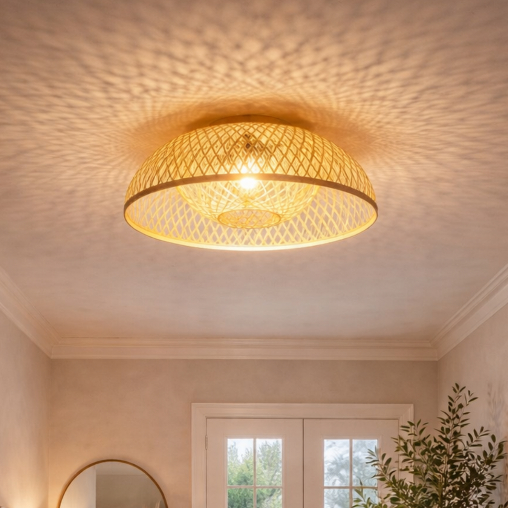 Plafon Bambu Fibra Natural Rústico 45cm Luxo Luminária Teto Estilo Decorativo Bivolt