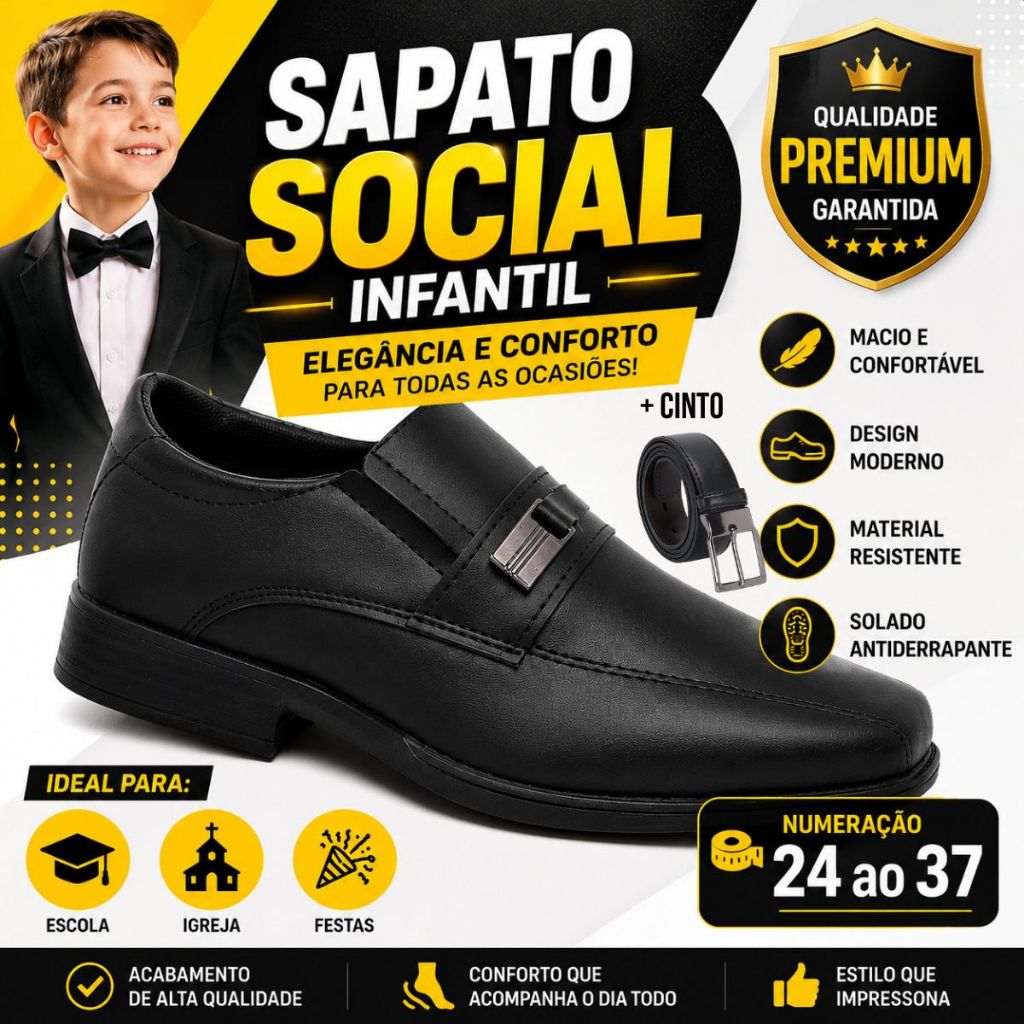 Sapato Social Infantil Masculino Com Cinto Preto Pajem Casamento Formatura Igreja Culto Elegante Terno