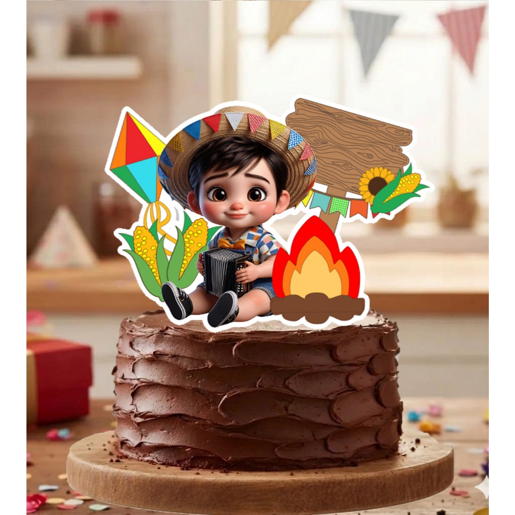 Topo de Bolo Topper Festa Junina Menino Sanfona Caipira Personalizado Pronto Colado nos Palitos