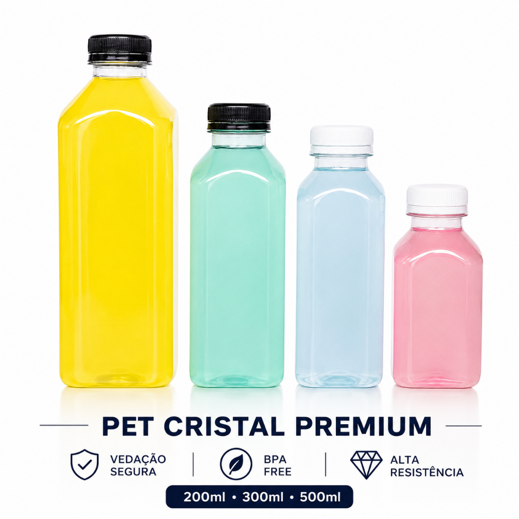Garrafa PET Descartável Plástica 200ml 300ml 500ml 1 litro Garrafa para Suco Detox com Tampa Lacre