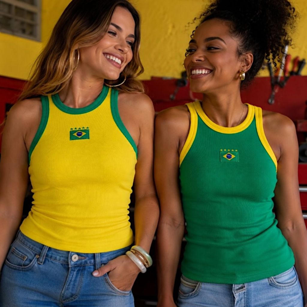 Blusa do Brasil Regata em Ribana Premium com Bandeira Brasil Bordada