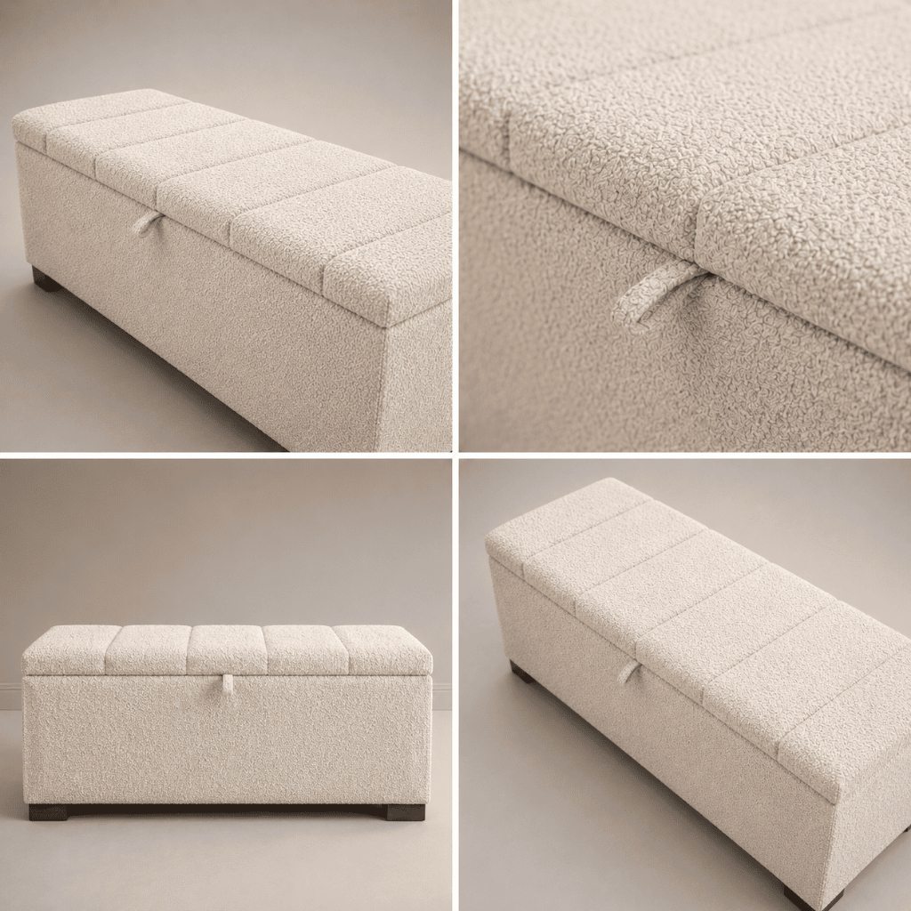 Bau Recamier Tecido Boucle 120cm Cama de Casal Sapateira Bau com Pistao