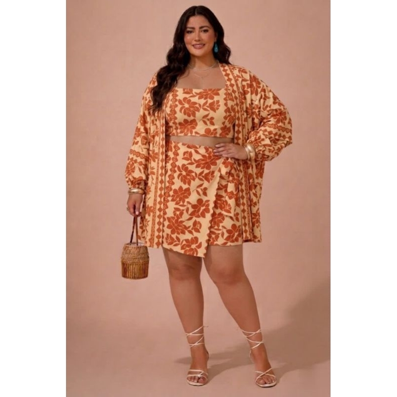 CONJUNTO KIMONO 3 PEÇAS SHORT SAIA E CROPEED FEMININO PLUS SIZE 38 AO 52 ESTAMPAS FLORAL