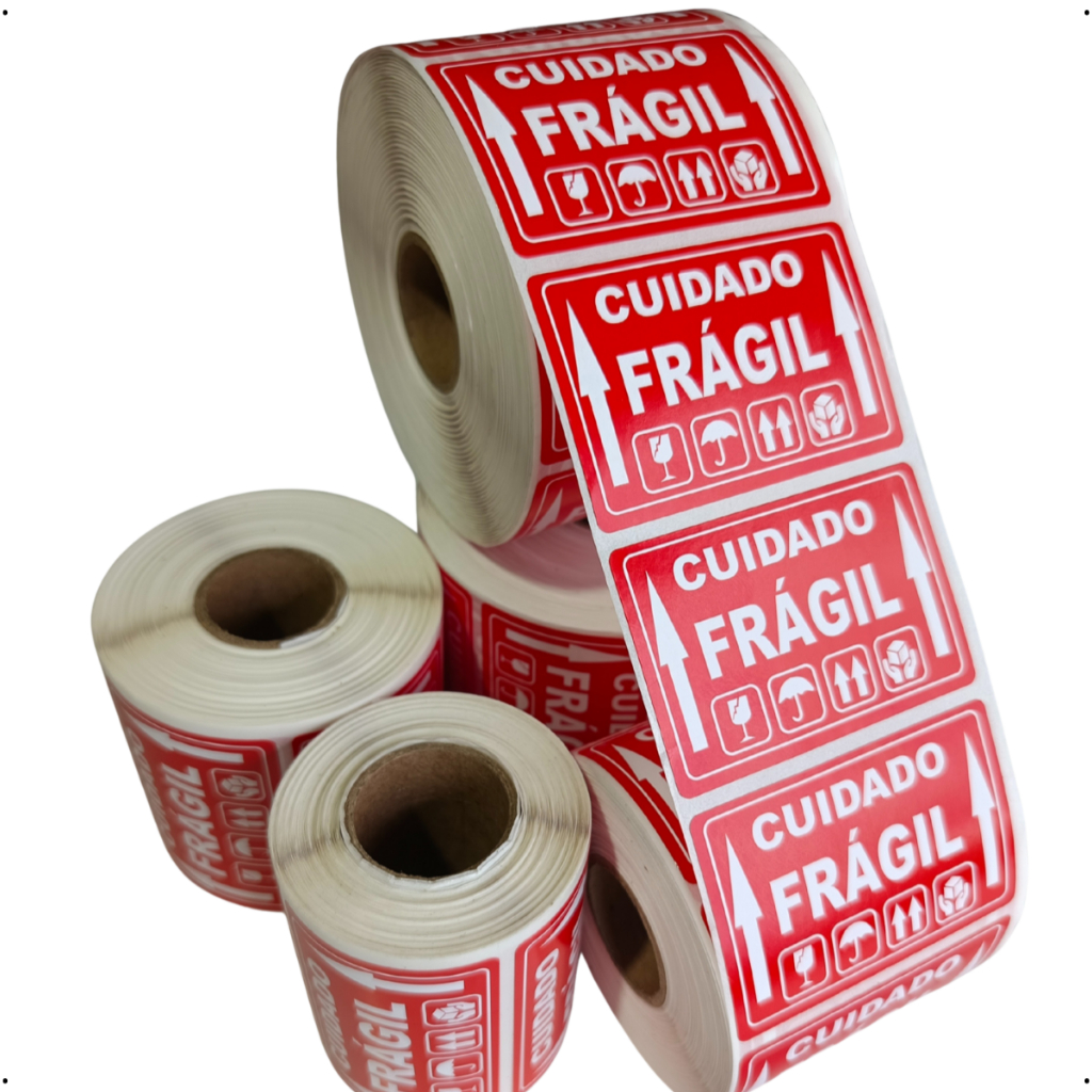 Etiqueta Adesiva Atenção Cuidado frágil Amarela ou Branca 60x40mm MAIS SEGURANÇA NO TRANSPORTE