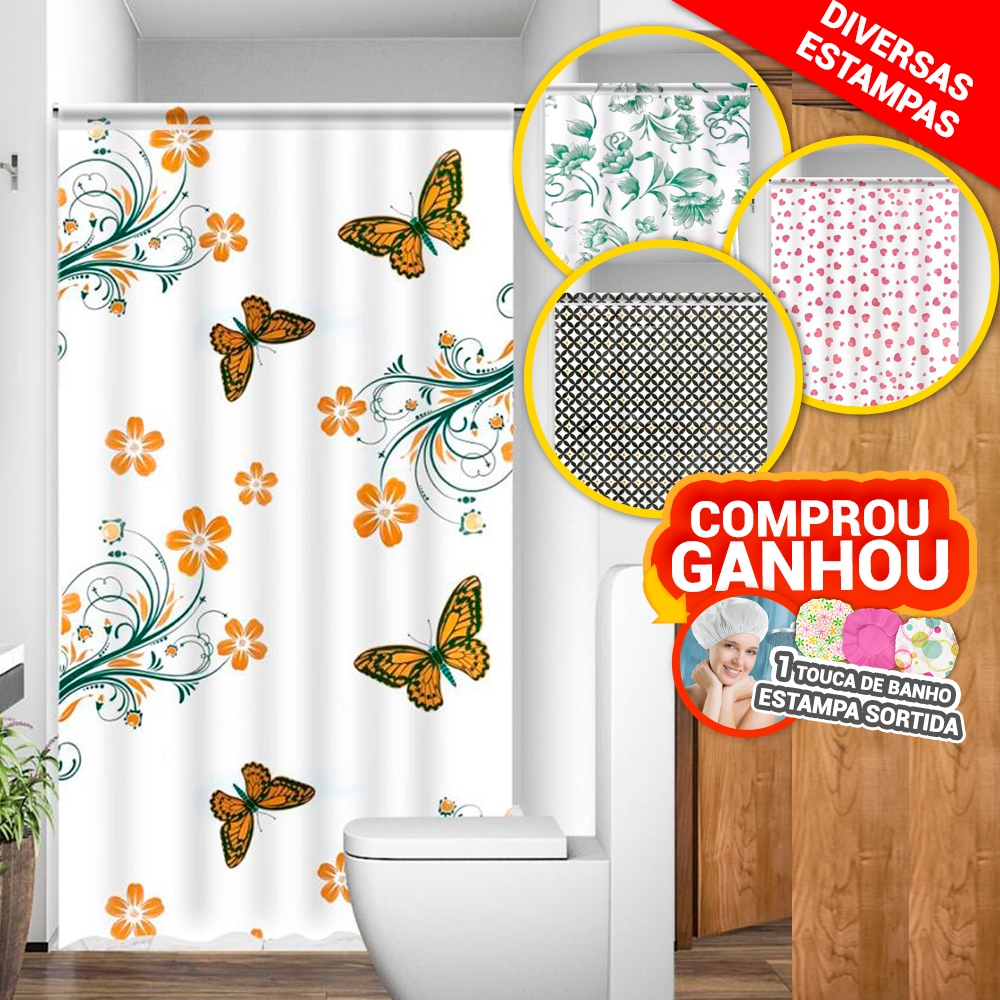 Cortina Para Box de Banheiro PE Estampada Sortidas Acabamento em Viés Uso Direto ao Suporte