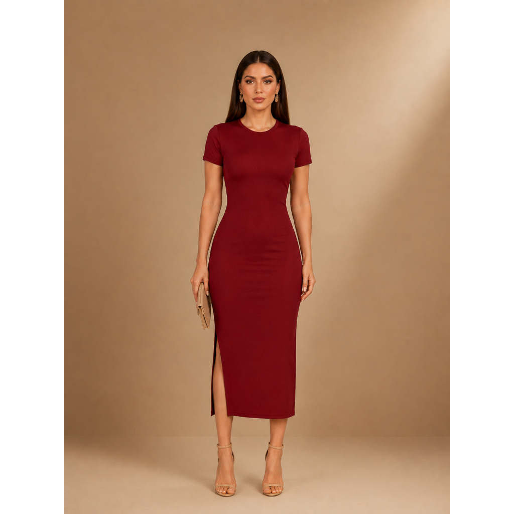 Vestido Midi Canelado Feminino Gola Redonda Justo Manga Curta Tubinho Com Fenda Elegante Moda Casual Confortável