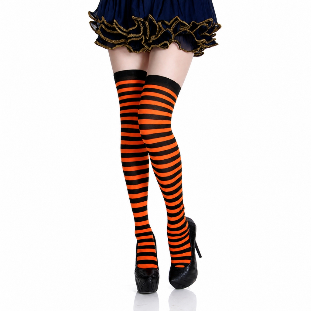 Meia 7/8 Listrada Preta e Laranja Halloween Feminina Longa Cosplay Fantasia Dia das Bruxas Adulto
