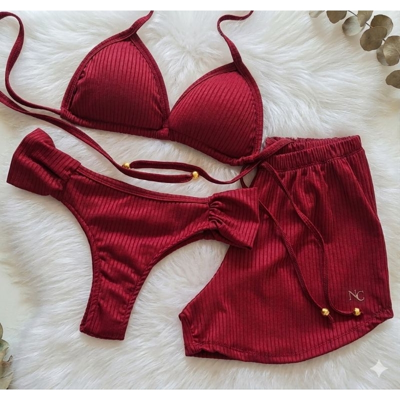 biquíni Bombom c/ short feminino calcinha bombom malha canelada