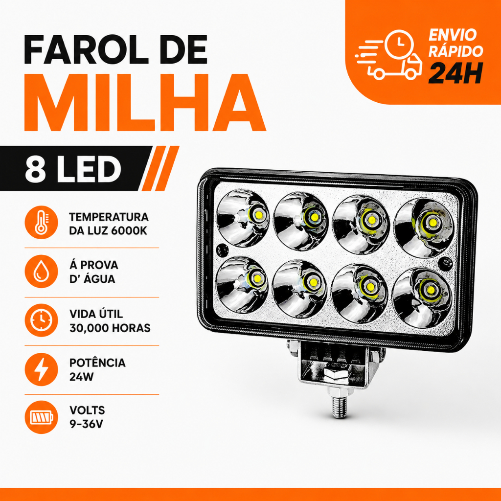 Farol Milha Universal Retangular 8led 24w Bivolt 6000k A Prova D' Água