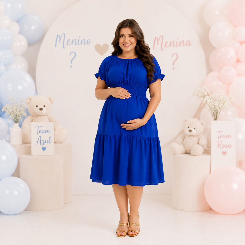 Vestido azul rosa chá de bebe cha revelação cha de fralda ensaio fotográfico